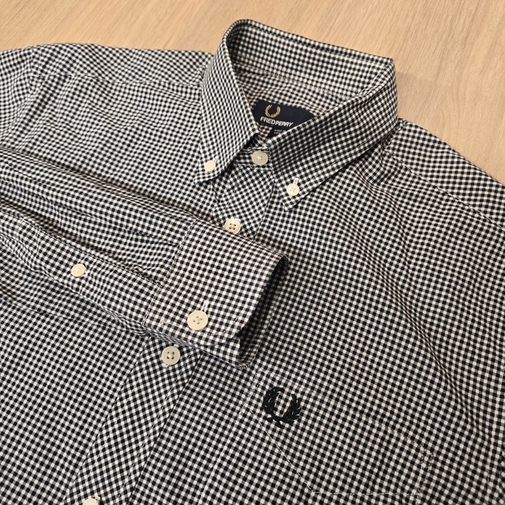Fred Perry Mens Gingham Check Button Down Shirt Black White M8299 Small